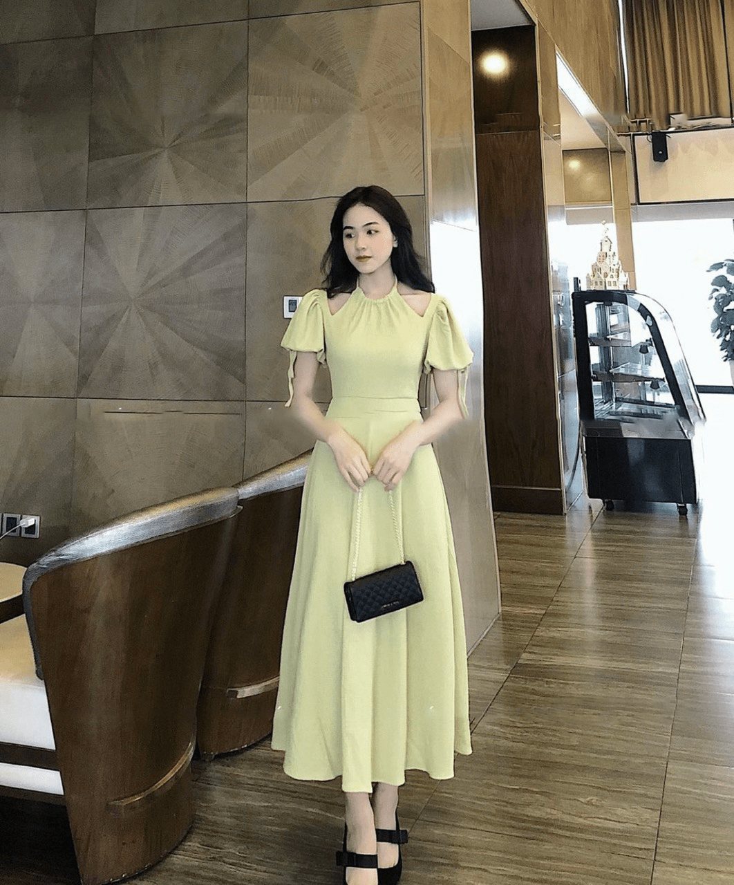 Đầm Maxi xanh cổ yếm khoét vai - Nguồn Hàng Sỉ ANN