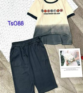 Đồ bộ thun cotton quần lửng áo tay ngắn hai màu in chữ - DBO4469