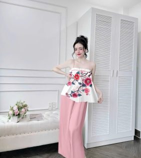 Đồ bộ quần dài latin áo hai dây in nhiều bông đẹp - DBO4984